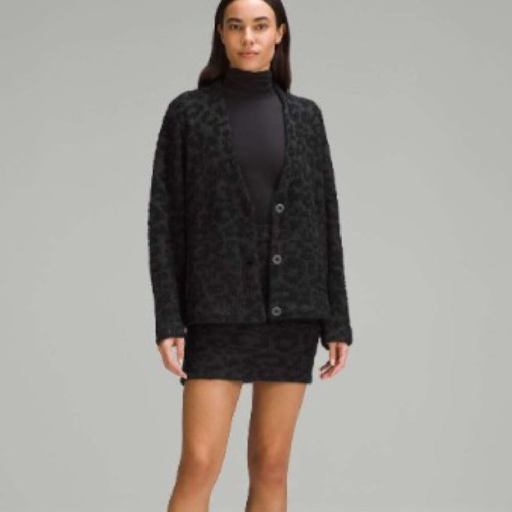 Lululemon Wool-Blend Jacquard Cardigan Knit Leopard Graphite Grey Black SM